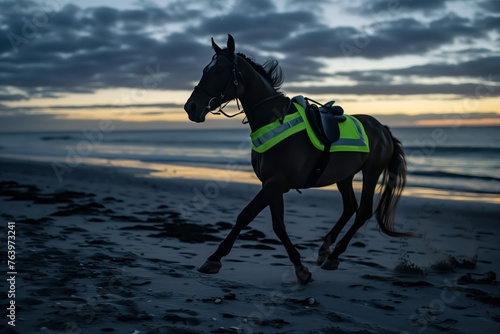 horse with reflective safety gear running on beach at twilight