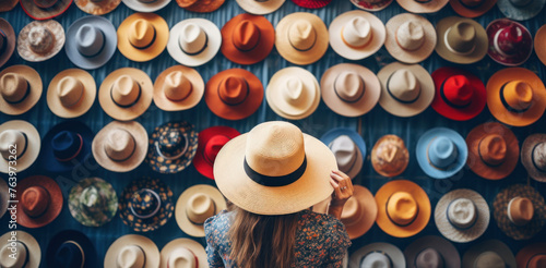 woman in hat shop. variety choice