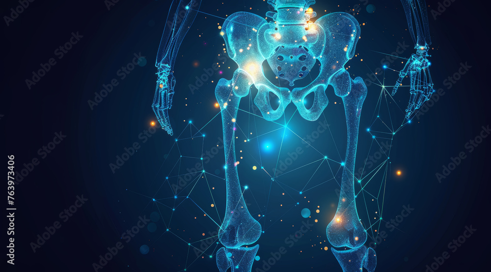 Interconnected design of human pelvic area in a blue glow highlighting anatomy with a technology theme,ai generated