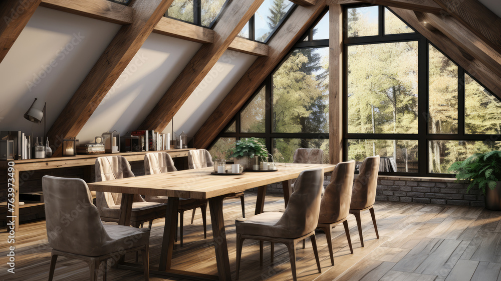 Dining table and chairs in attic with wood beams. Scandinavian interior design of modern dining room. Generative AI