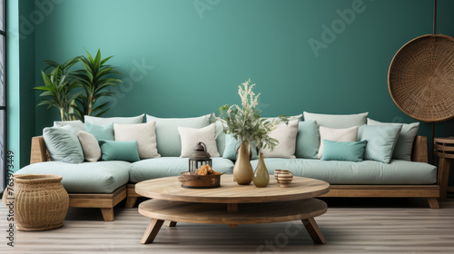 Rustic round coffee table near white sofa against turquoise wall. Scandinavian home interior design of modern living room. Generative AI