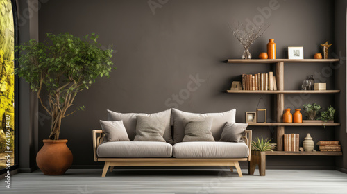 White loveseat sofa against window near dark grey wall with shelving unit. Scandinavian home interior design of modern living room. Generative AI