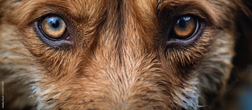 A closeup shot of a dogs eyes focused on the camera, showcasing its carnivorous nature and alert expression. The dogs fawncolored fur and whiskers frame its attentive gaze A closeup shot of a dogs eyes focused on the camera, showcasing its carnivorous nature and alert expression. The dogs fawncolored fur and whiskers frame its attentive gaze
