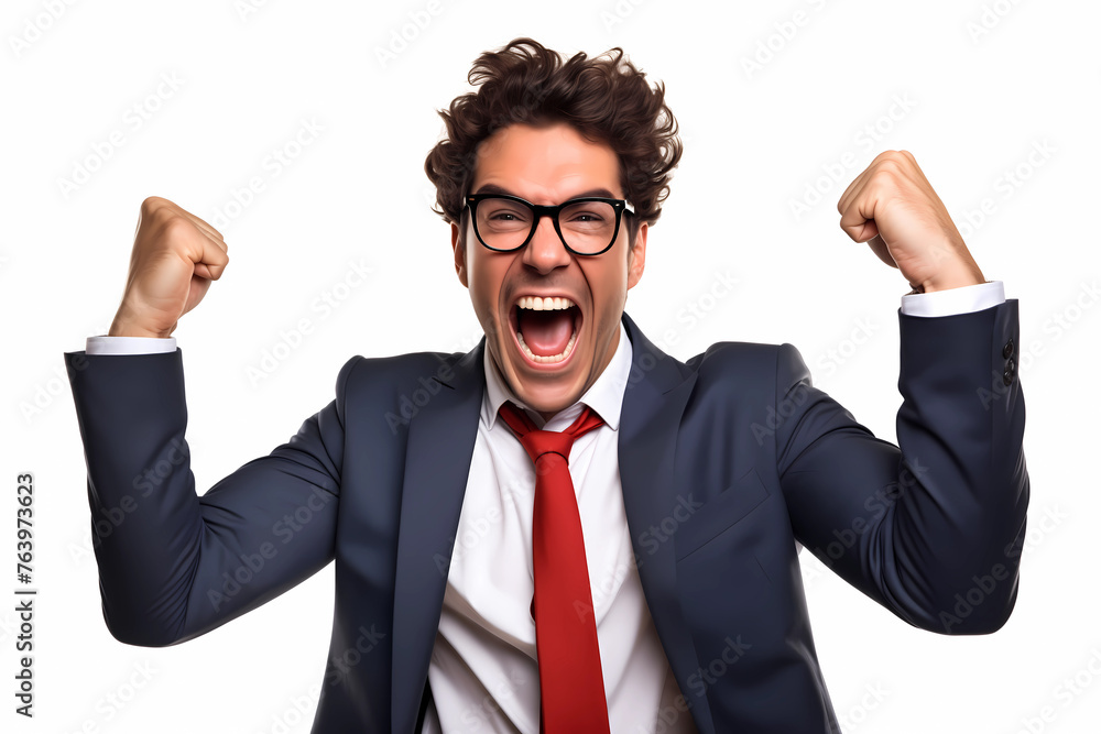 a businessman is celebrating a winning pitch. Businessman wearing business suit. Studio shot on a white background a businessman is celebrating a winning pitch. Businessman wearing business suit. Studio shot on a white background