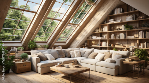 Scandinavian home interior design of modern living room in attic with lining ceiling Generative AI © Fang