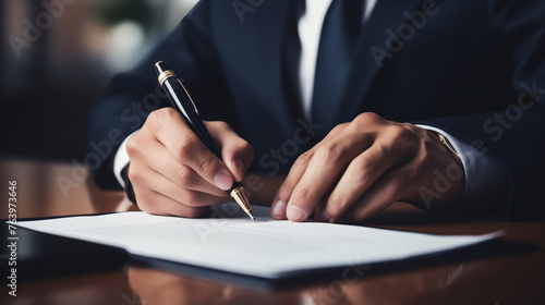 A man in a suit is writing on a piece of paper with a pen