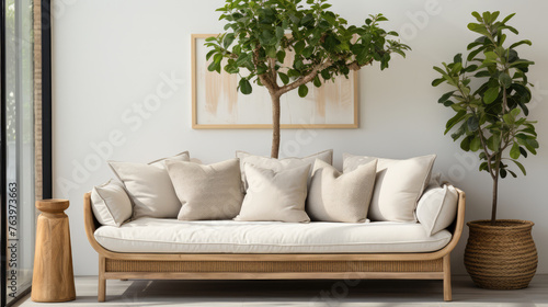 Cute loveseat sofa next to potted houseplant Against wall with frame poster. Scandinavian home interior design of modern living room in farmhouse Generative AI © Fang