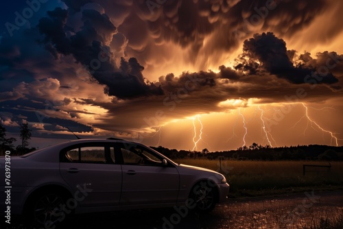 car parked on roadside with storm clouds and lightning in background photo