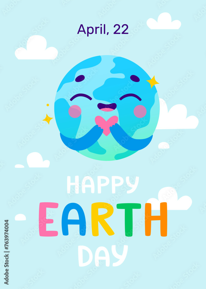 Cartoon earth day poster with cute character. Colorful banner with funny earth globe mascot.