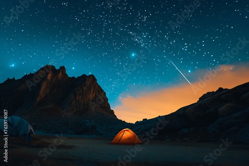 Orange tent on the background of the starry sky