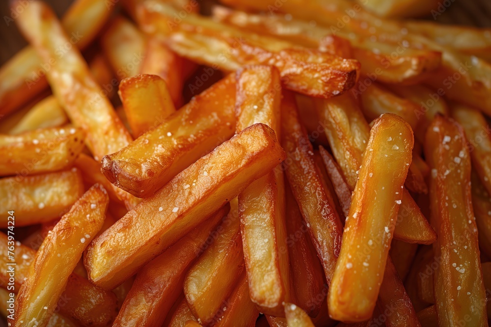 French fries on wooden table, close-up. Selective focus. generative AI French fries on wooden table, close-up. Selective focus. generative AI