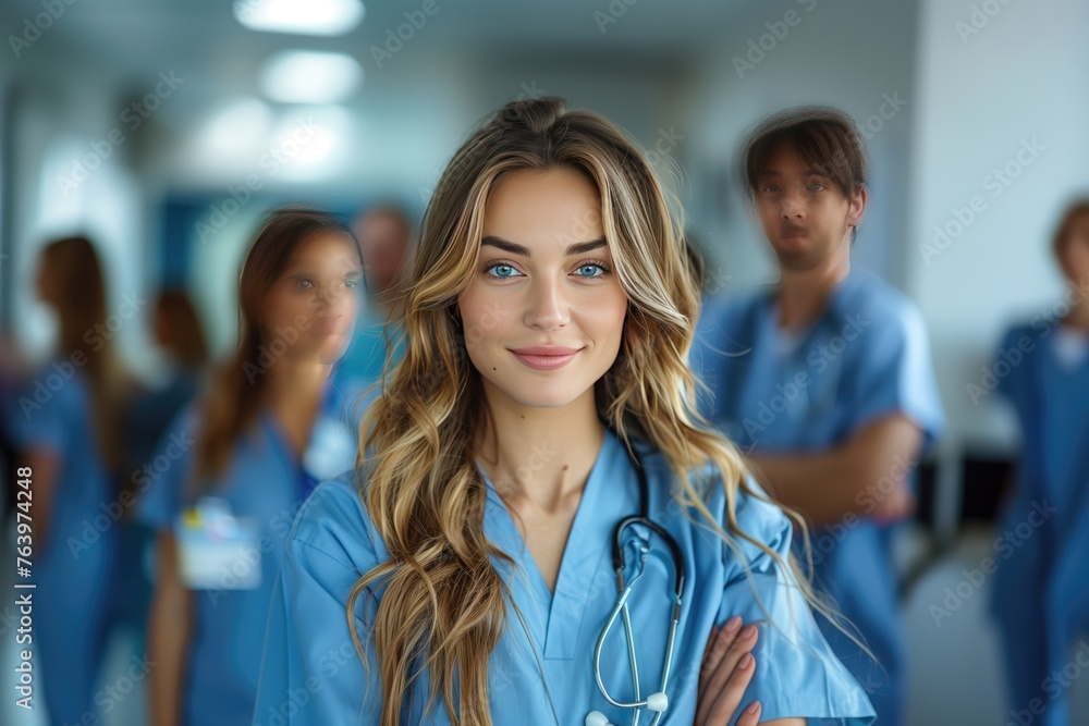 Fototapeta premium Portrait of confident female doctor standing with arms crossed in corridor at hospital with his team in the background. generative AI