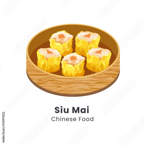 Hand drawn vector illustration of siu mai chinese food in bamboo steamer basket