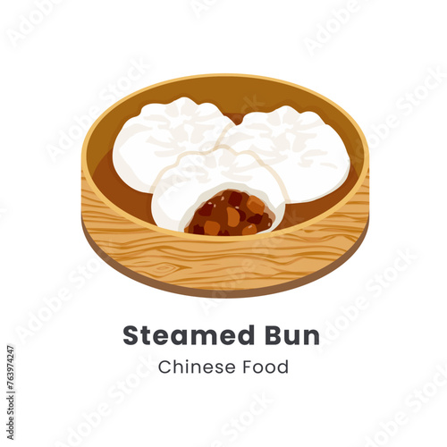 Hand drawn vector illustration of steamed bun chinese food in bamboo steamer basket