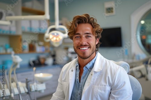 Portrait of confident smiling dentist in his clinic stuidio. generative AI