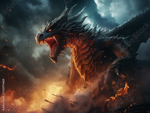 Dragon, Scales, Fiery beast, Engulfed in epic combat with a valiant warrior, amidst a raging storm, 3D render, Backlights, HDR photo