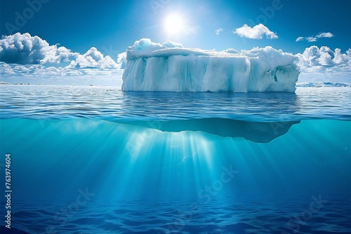 Iceberg in the ocean with sun rays and blue sky background photo