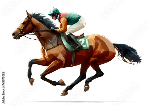 Racing horse. Jockey on horse. Hippodrome. Racetrack. Equestrian. Derby. Horse sport. Watercolor painting illustration isolated on white background © mari