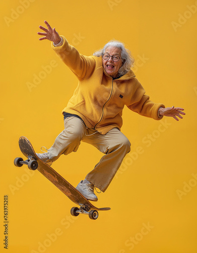 An elderly woman jumping with the skateboard, happy and smiling. youthful energy, subject isolated on light yellow background