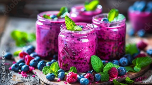 Selective focus blueberry smoothie  detox diet and healthy vegetarian eating concept