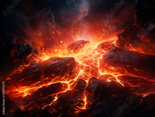 Molten lava flow, fiery rage, crackling with heat, pulsating with energy, a volcanic eruption frozen in time, a raw and intense display of natures power 3D render, spotlight, motion blur