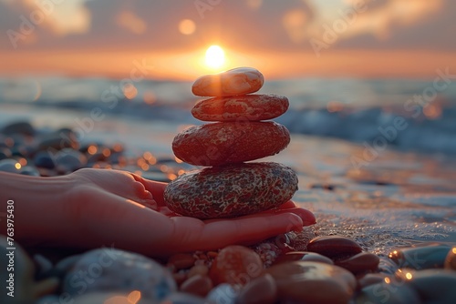 woman's hand stacking in balance glass stones on beach at sunsetStack of pebble stones on the beach at sunset. Zen concept, stacking in balance glass stones on beach at sunset. generative AI