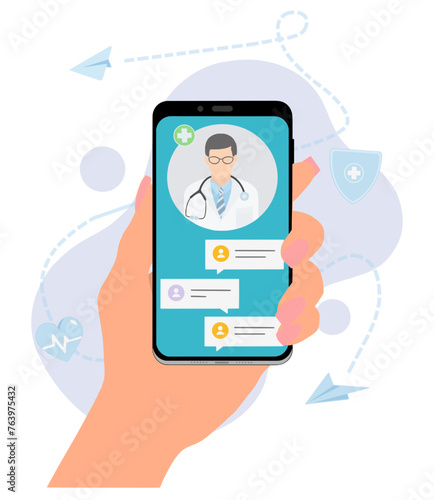 Online doctor concept. medicine mobile phone app. doctor consultant advices chat on phone screen. telemedicine vector illustration, insurance 