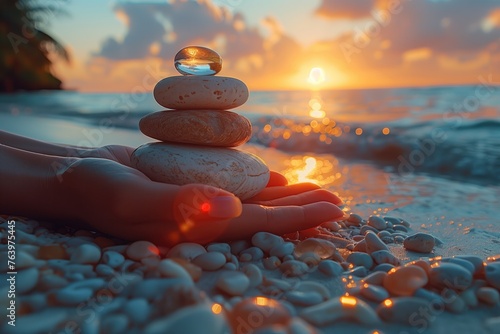 woman's hand stacking in balance glass stones on beach at sunset Stack of pebble stones on the beach at sunset. Zen concept, stacking in balance glass stones on beach at sunset. generative AI
