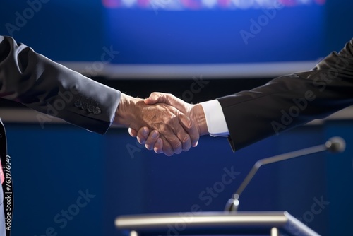 hands of two politicians in midair handshake after a debate conclusion photo