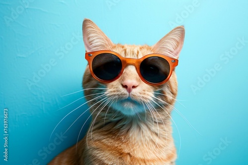 Funny red cat wearing sunglasses on blue background, Close up