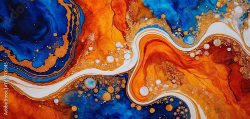 A stunning abstract fluid painting with rich, deep blues and vibrant oranges, interspersed with golden accents and white wisps, resembling a geode or an aerial view of a vivid, fiery landscape.