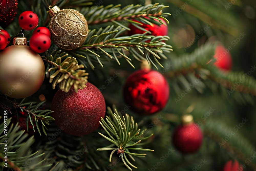 Christmas tree branch with red and golden baubles, closeup