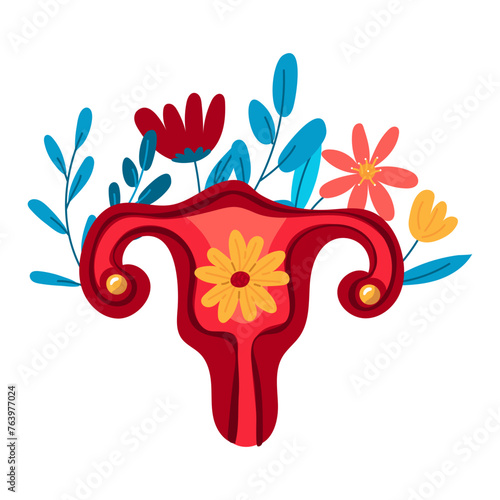 Uterus in a flat style on a background of flowers. Vector illustration of the uterus. The internal organs of a person. Vector illustration. Menstruation is part of the set. Shades of pink. Isolated