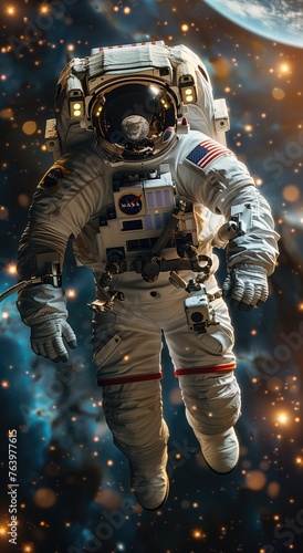 An astronaut floating in space, with stars and galaxy behind him. White spacesuit, sci-fi background, generative AI