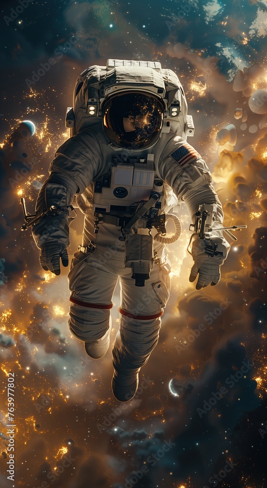 Fototapeta premium An astronaut floating in space, with galaxy visible behind him. White spacesuit. sci-fi scene. generative AI