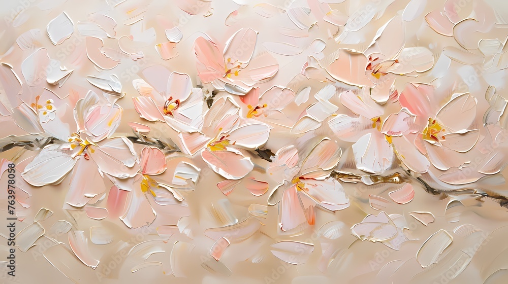 Oil painting style of cherry blossom flower branch, pink pastel color theme, for wall art and decoration
