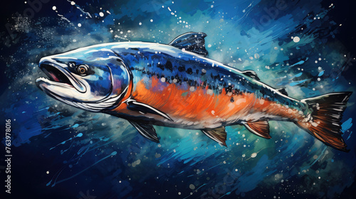 Salmon or trout illustration in splashes of blue paint.