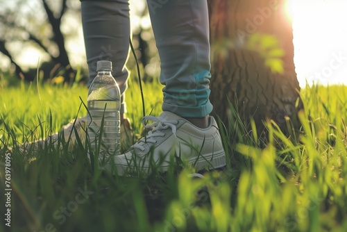 person with sneakers standing in grass, water bottle by a tree