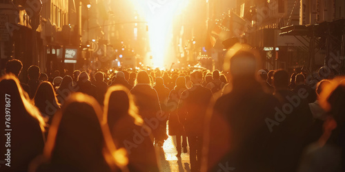 Rear view of blurred crowd of unrecognizable people walking on city street during sunset.