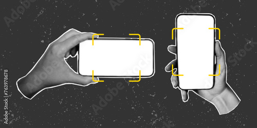 Set of retro halftone collages of a hands with a phone. Scrolling, social networks, vector image on a textured grunge gritty background. Place for QR code and yellow frame, scan.