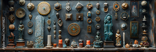 Amulets and Talismans Hanging on the Wall in a.png,
Curiosity cabinet explore a shop housing oddities photo