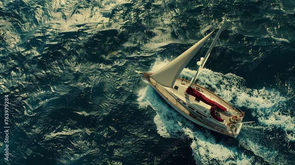 Fototapeta premium Aerial view of a single-mast yacht gliding along the surface of the water in the open sea. The open sea becomes a playground for a yacht, cutting through the waves with elegance.