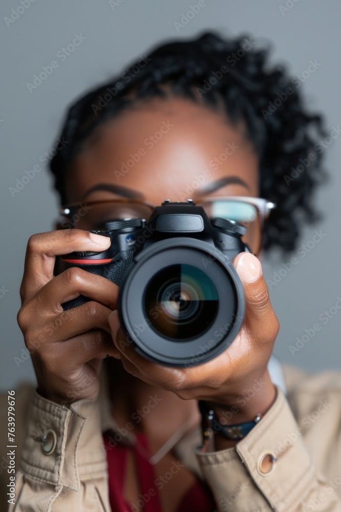 Black woman holding a camera, world photography day concept. Black woman holding a camera, world photography day concept.
