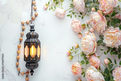 Lantern with wooden rosary and flowers, Eid-al-Adha, the Feast of Sacrifice. photo