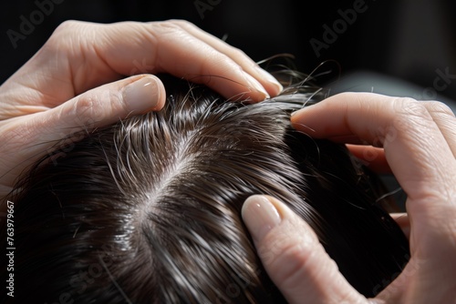 closeup of hands performing hair density test on client