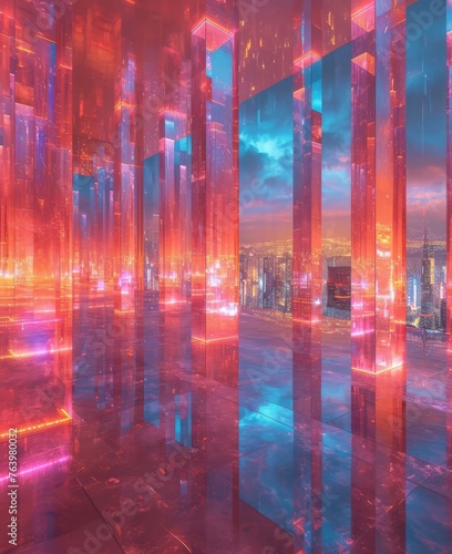 Futuristic Neon Columns and Cityscape