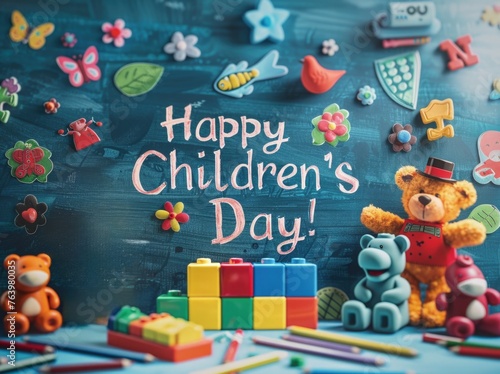 Chalkboard background written Happy Children s Day with lego blocks and toys.