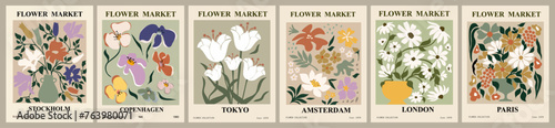 Set of abstract Flower Market posters. Trendy botanical wall arts with floral design in earth tone sage green colors. Modern naive groovy funky interior decorations, paintings. Vector art illustration photo
