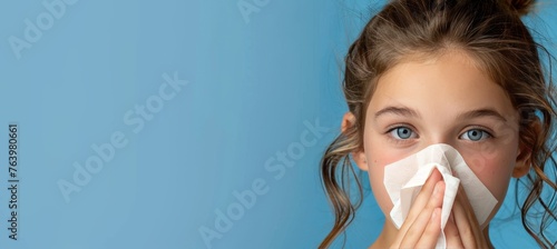 Young girl blowing nose into tissue, providing ample space for strategic text placement
