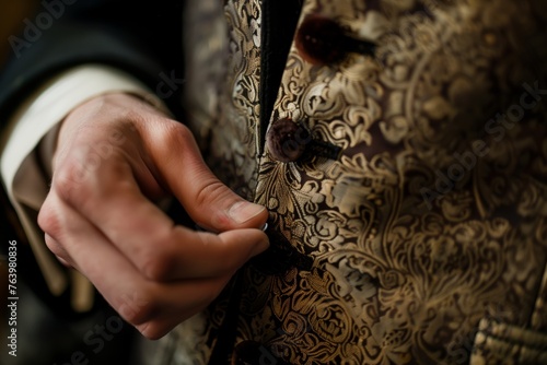 closeup of tailors hand attaching button to dress